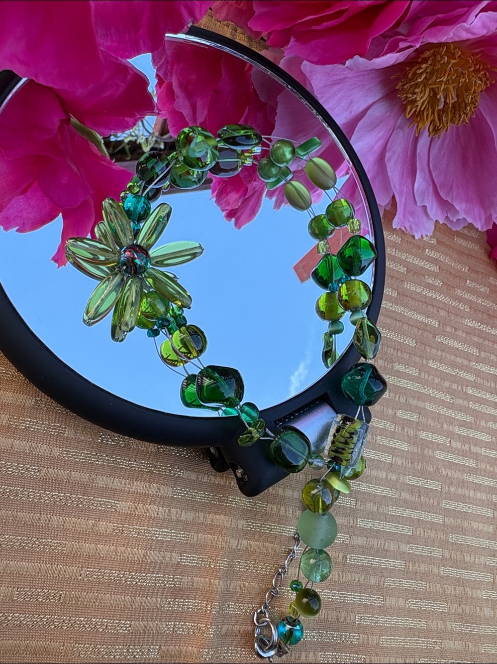 Hand‑crafted Green multishape art Glass Bead Floral Statement Necklace #355